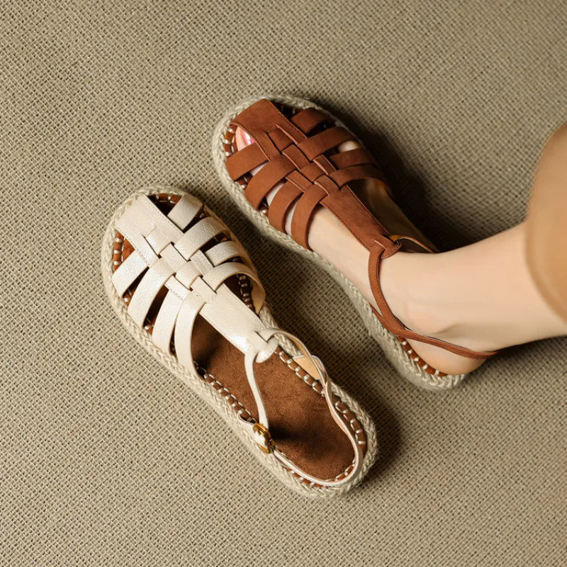 Womens Beige Fisherman Sandals Espadrille Platform Ankle Strap Closed Toe_voghion.com
