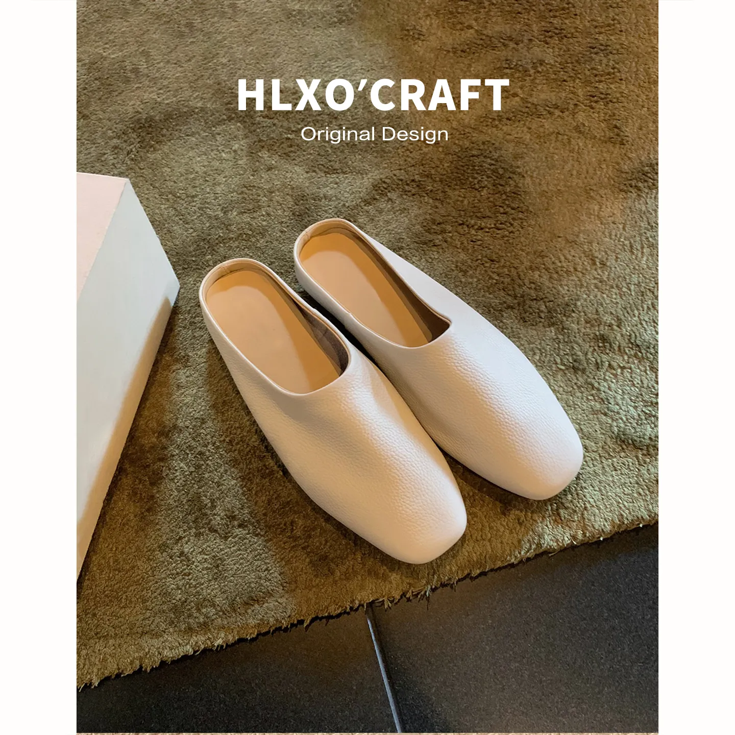 Womens White Leather Mules Square Toe Backless Slip On Casual Flat Slippers_voghion.com