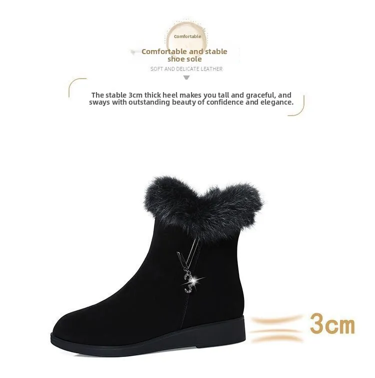 Bottes d'hiver pour femme fourrées et strassées en daim plat_voghion.com