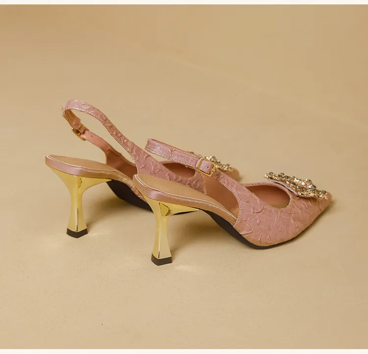 Women's Pointed Toe Crystal Buckle Slingback Heels Wedding Shoes_voghion.com
