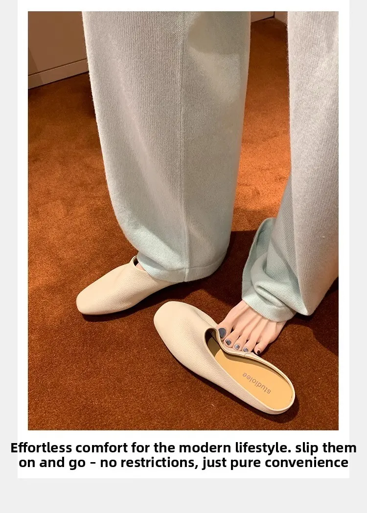 Women's White Leather Mules Square Toe Backless Flat Sandals_voghion.com