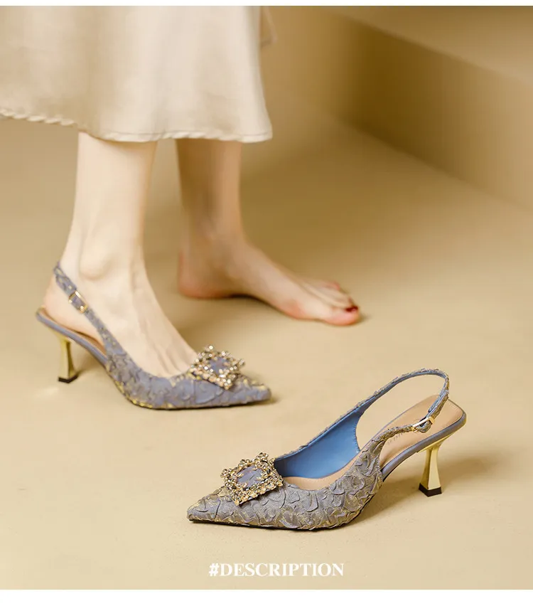 Women's Pointed Toe Crystal Buckle Slingback Heels Wedding Shoes_voghion.com
