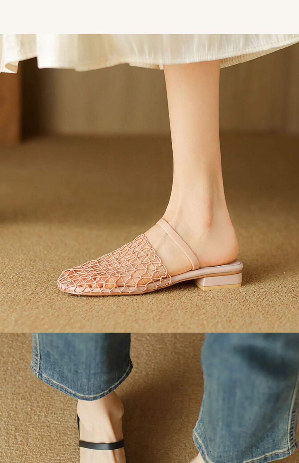Womens Mesh Slingback Sandals Square Toe Ankle Strap Block Heels_voghion.com