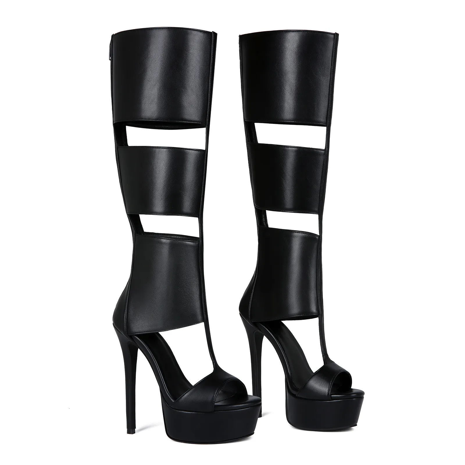 Womens Black Cutout Platform Knee Sandals Peep Toe Stiletto High Heel Boots_vogvips.com