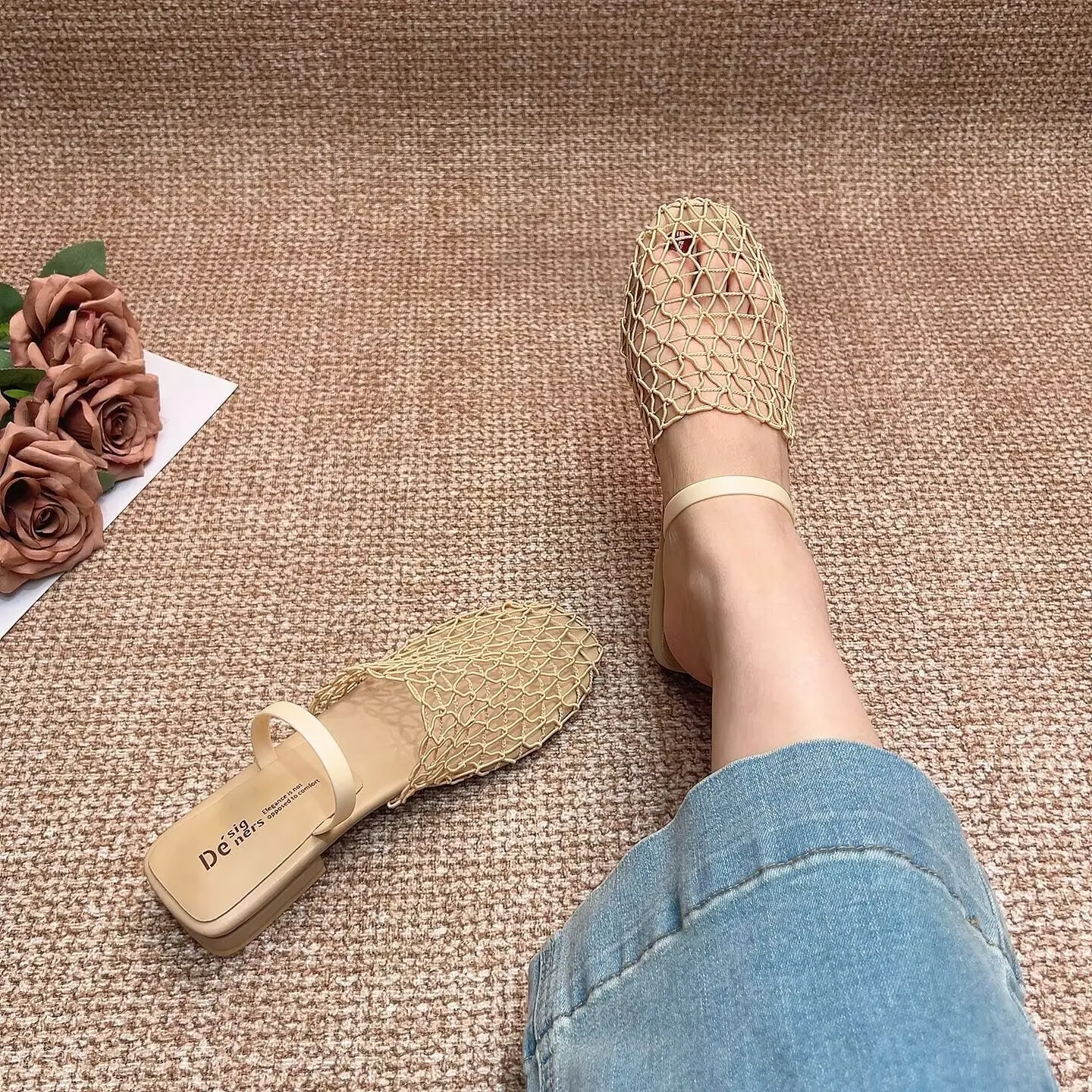 Womens Mesh Slingback Sandals Square Toe Ankle Strap Low Block Heel Summer Mules_voghion.com