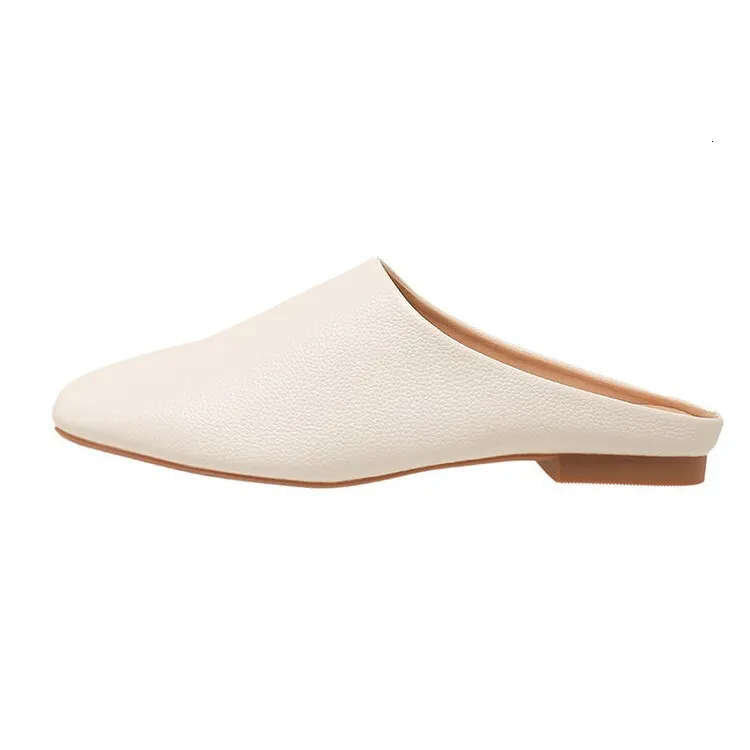 Womens White Leather Mules Square Toe Backless Slip On Casual Flat Slippers_voghion.com