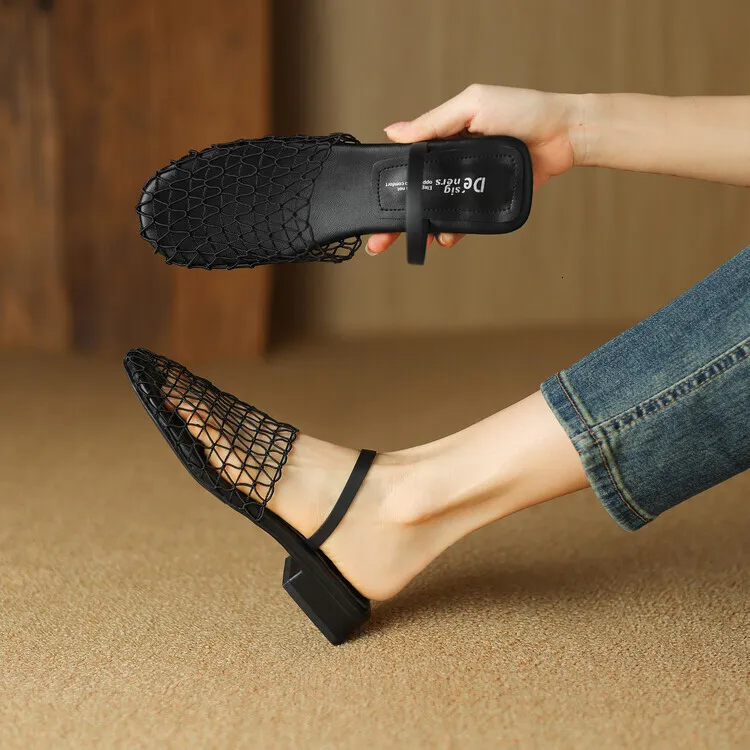 Womens Mesh Slingback Sandals Square Toe Ankle Strap Low Block Heel Summer Mules_voghion.com