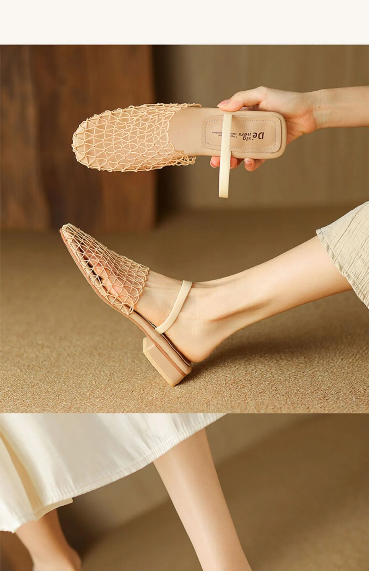 Womens Mesh Slingback Sandals Square Toe Ankle Strap Block Heels_voghion.com