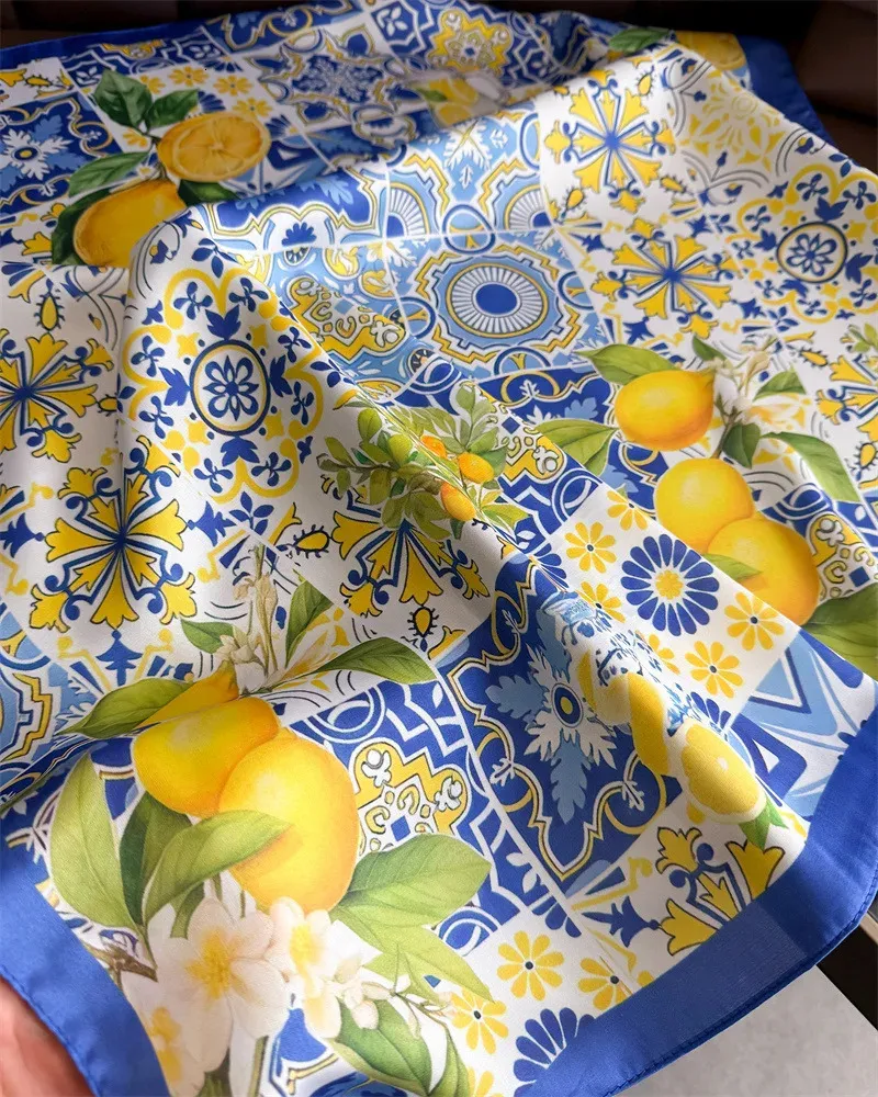 Yellow Lemon & Flowers Print Square Scarf lemon-print-yellow-silk-square  main image 3