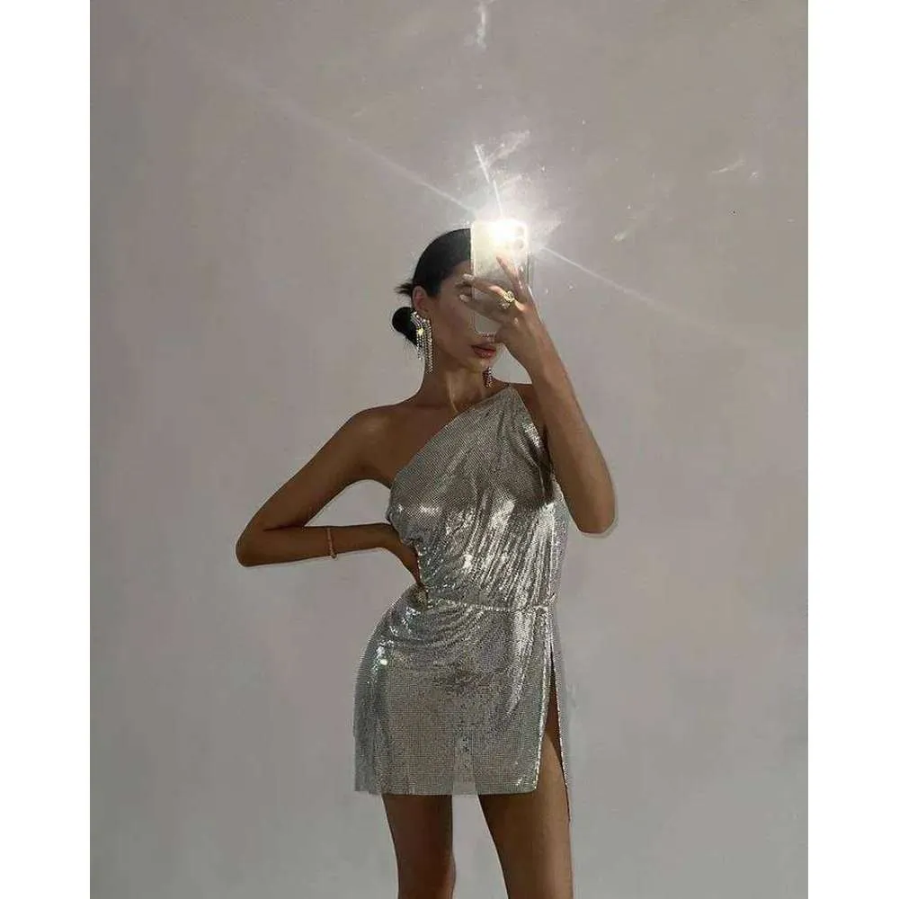 metallic sequin bodycon dress FestivalQueen Women's Silver Metal One Shoulder Slit Sexy Mini Y2K Fashion Shiny Punk Nightclub Party Prom Dresses with Sleeves 20 Trendy Bridal Shower Crystal trim:Gold 89% Polyester 11% Spandex