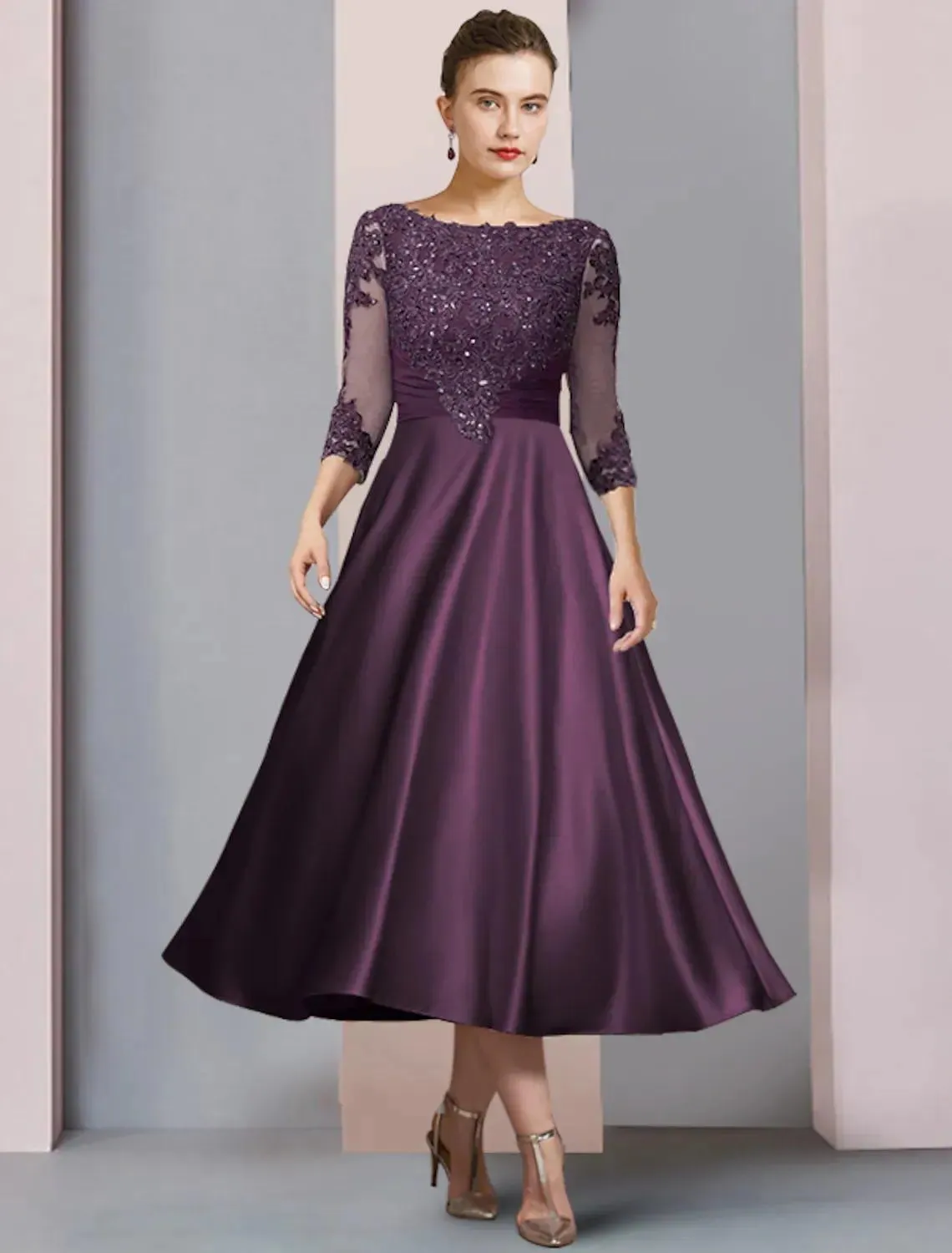 purple vintage lace bridesmaid dresses YWDJ Party Dress for Women Formal Dresses Prom Cocktail Midi Wrap Vintage Lace Knee Length Short Sleeve Party Ballgown Wedding Guest Dresses for