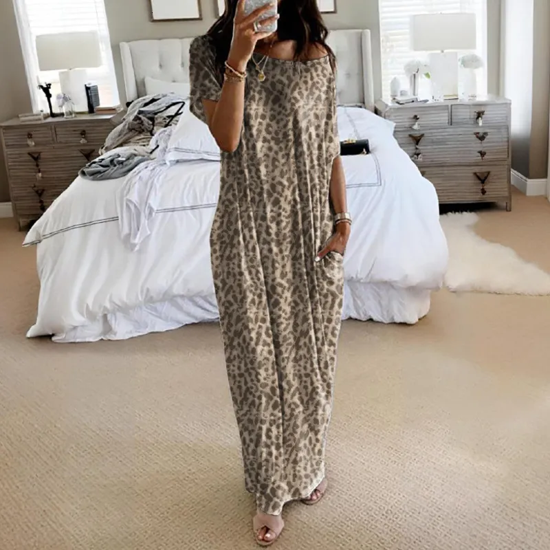 leopard print maxi dress with pockets Xpluswear Design Plus Size Daily Brown Leopard Round Neck Short Sleeve Pocket Casual Maxi Dresses