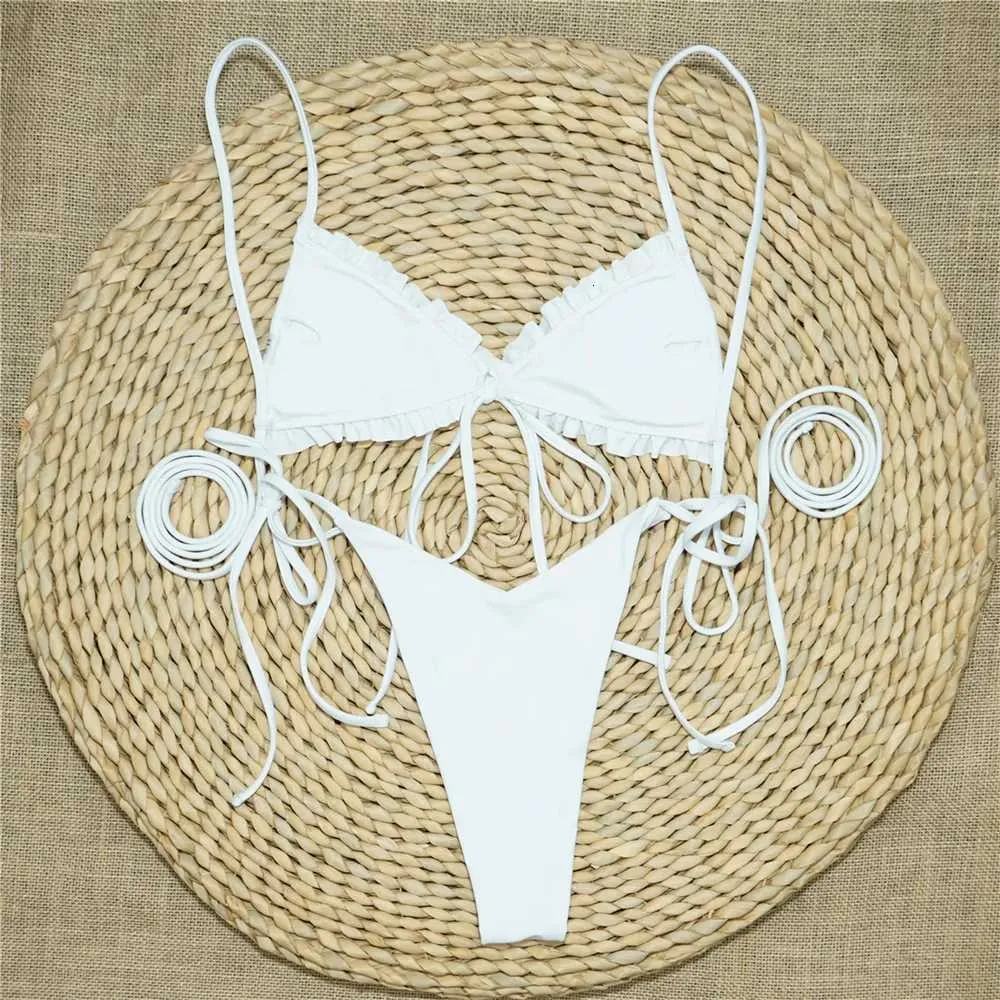 White Ruffles String Ruffled Edge Micro Pleated White String Bikini With... From Almanac02 ...