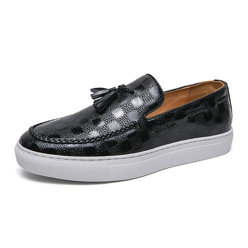 Men's Black Embossed Leather Loafers With Tassels Slip On Casual Shoes Daily Outfit_vogvips.com