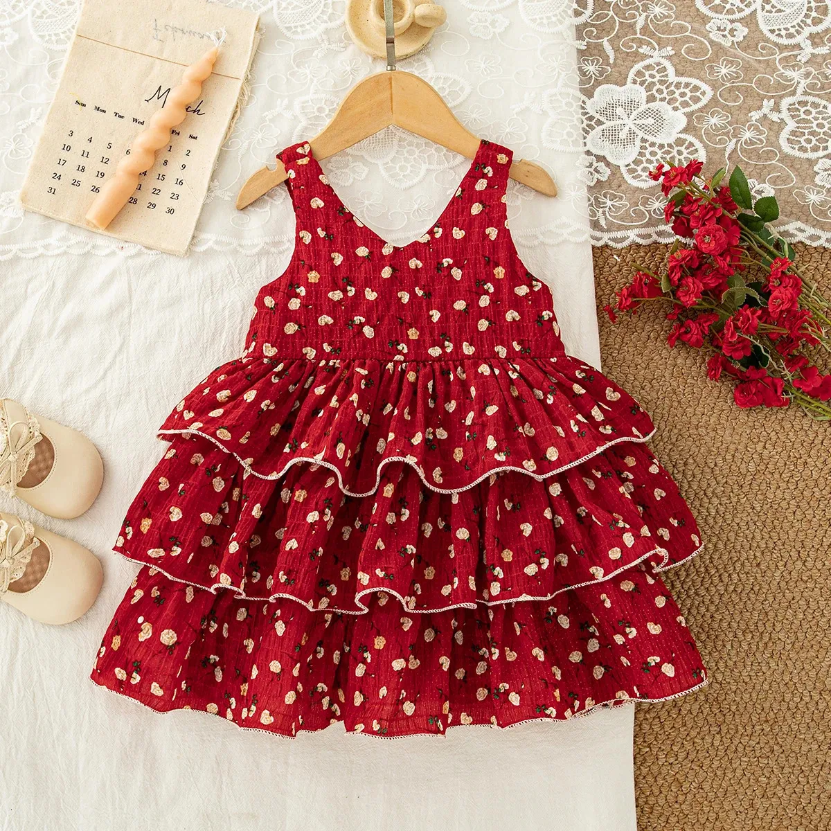 Red Floral Suspender Toddler Christmas Dress For Baby... From Deng08, $10.93