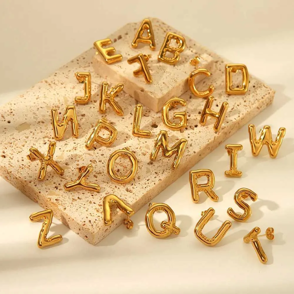 Dainty Balloon Bubble Chunky Initial Letter Stud Earrings For Women 18k Gold Plated Stainless Steel Alphabet Statement_voghion.com