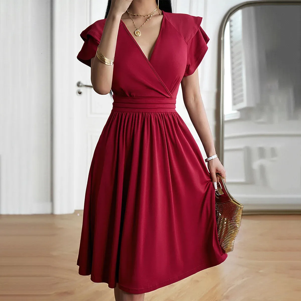 nice lady dresses Elegant Solid Office Dress V Neck Flying Sleeve Slim High Waist Ruched Floor-Length Midi Synthetic Fiber Knit from Dhgate Urban Sexy emerald gemstone gold ring