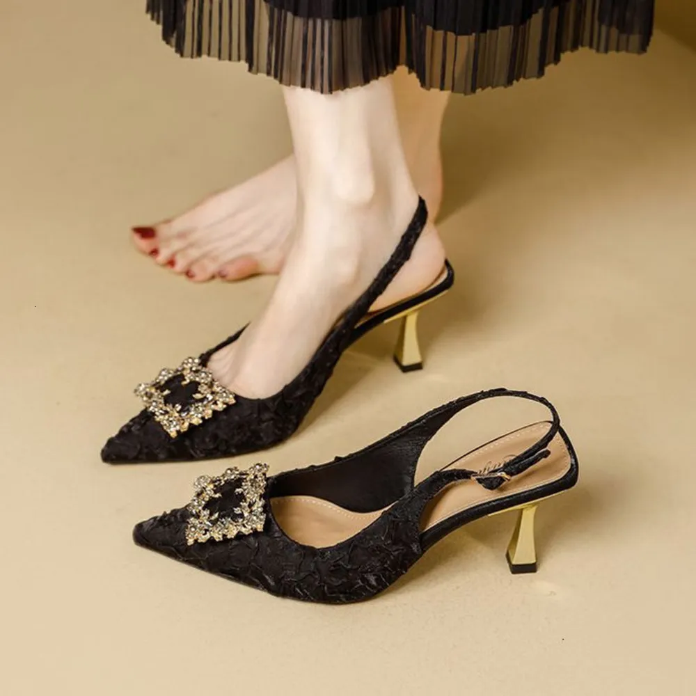Women's Crystal Buckle Slingback Heels Embossed Pointed Toe Pumps Mid Heel Party Wedding Shoes For Ladies_voghion.com