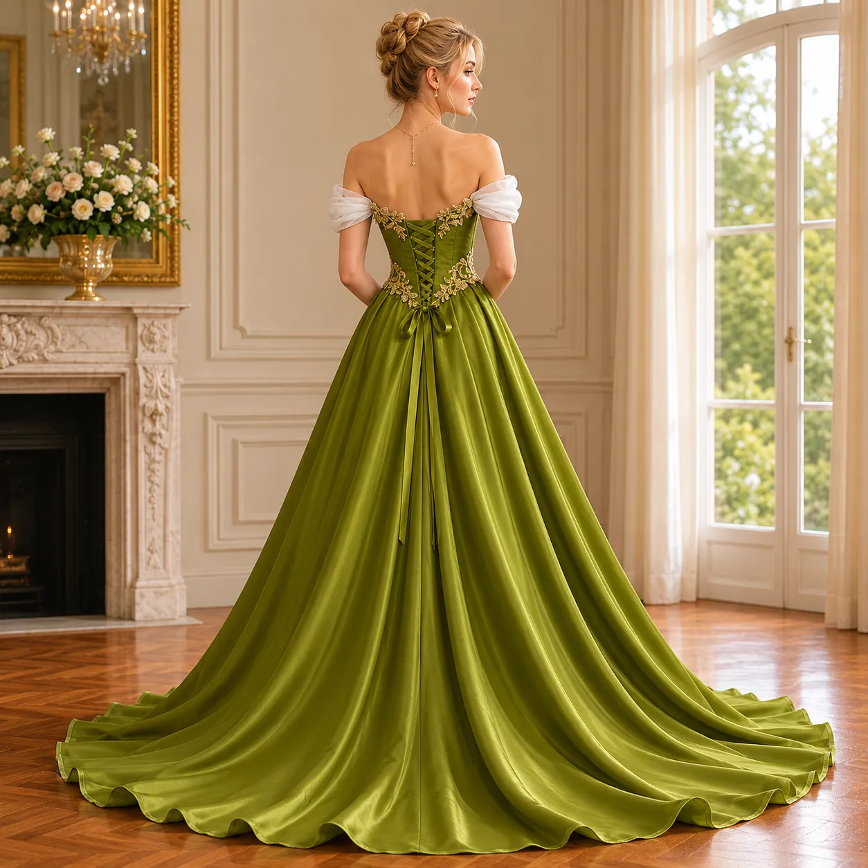 vintage green prom dresses Victorian Olive And White Off Shoulder... From Dreamweddings, Rs.14,687.5 jessica mcclintock prom dresses 1990s