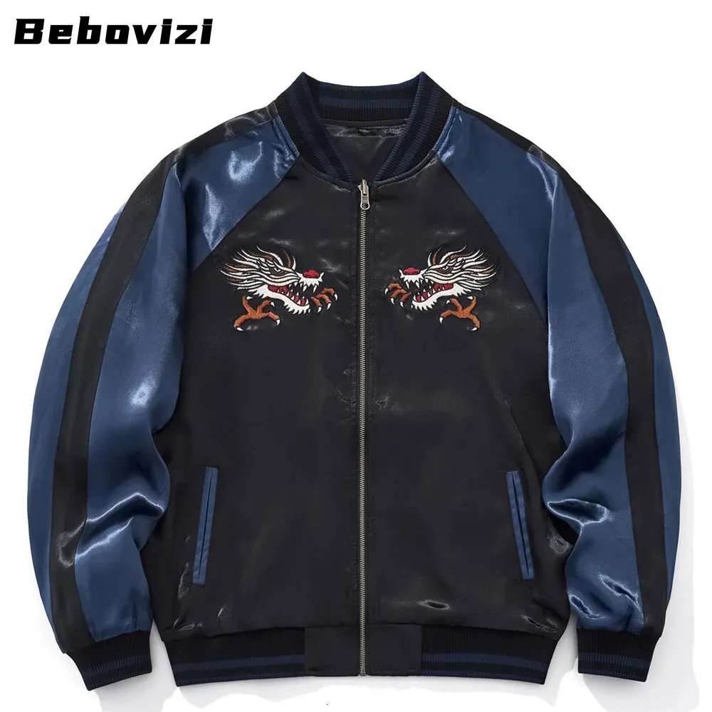 Embroidered Dragon Zipper Blue Jacket, Streetwear Hip From