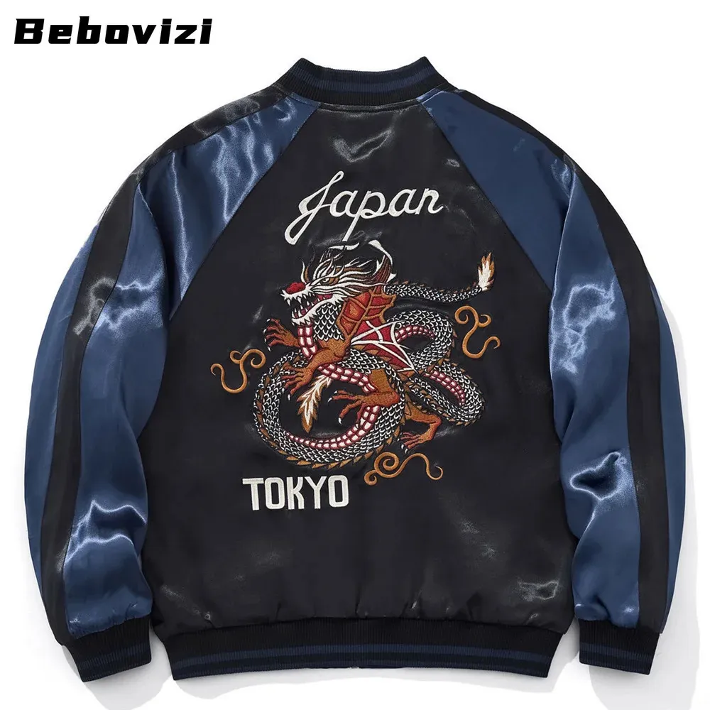 Embroidered Dragon Zipper Blue Jacket, Streetwear Hip From