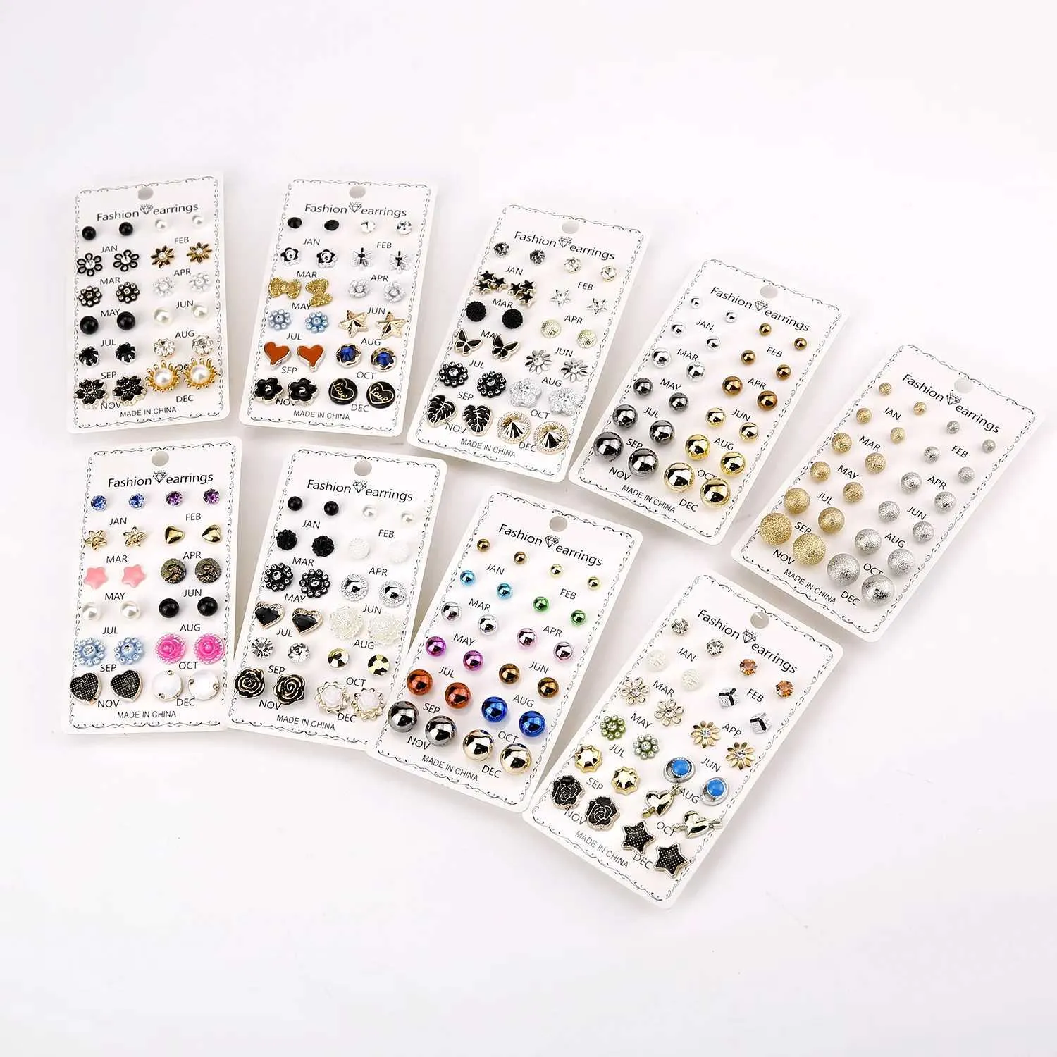 Set di 12 paia di orecchini a perno rotondi in cristallo per donna, con fiori, fiocco e sfera satinata, kit di gioielli per piercing._voghion.com