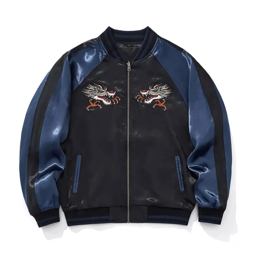 Embroidered Dragon Zipper Blue Jacket, Streetwear Hip From