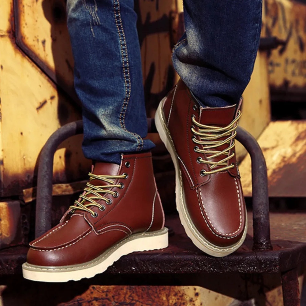 Chaussures de course pour homme en cuir beige, bottines de travail à bout mocassin avec lacets contrastés, tenue de tous les jours_voghion.com