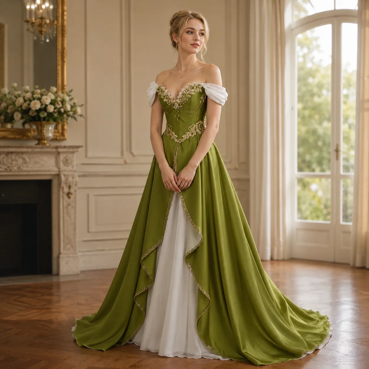olive green and gold prom dress Vintage Victorian White Off Shoulder... From Dreamweddings, Rs.14,687.5 green and gold dress