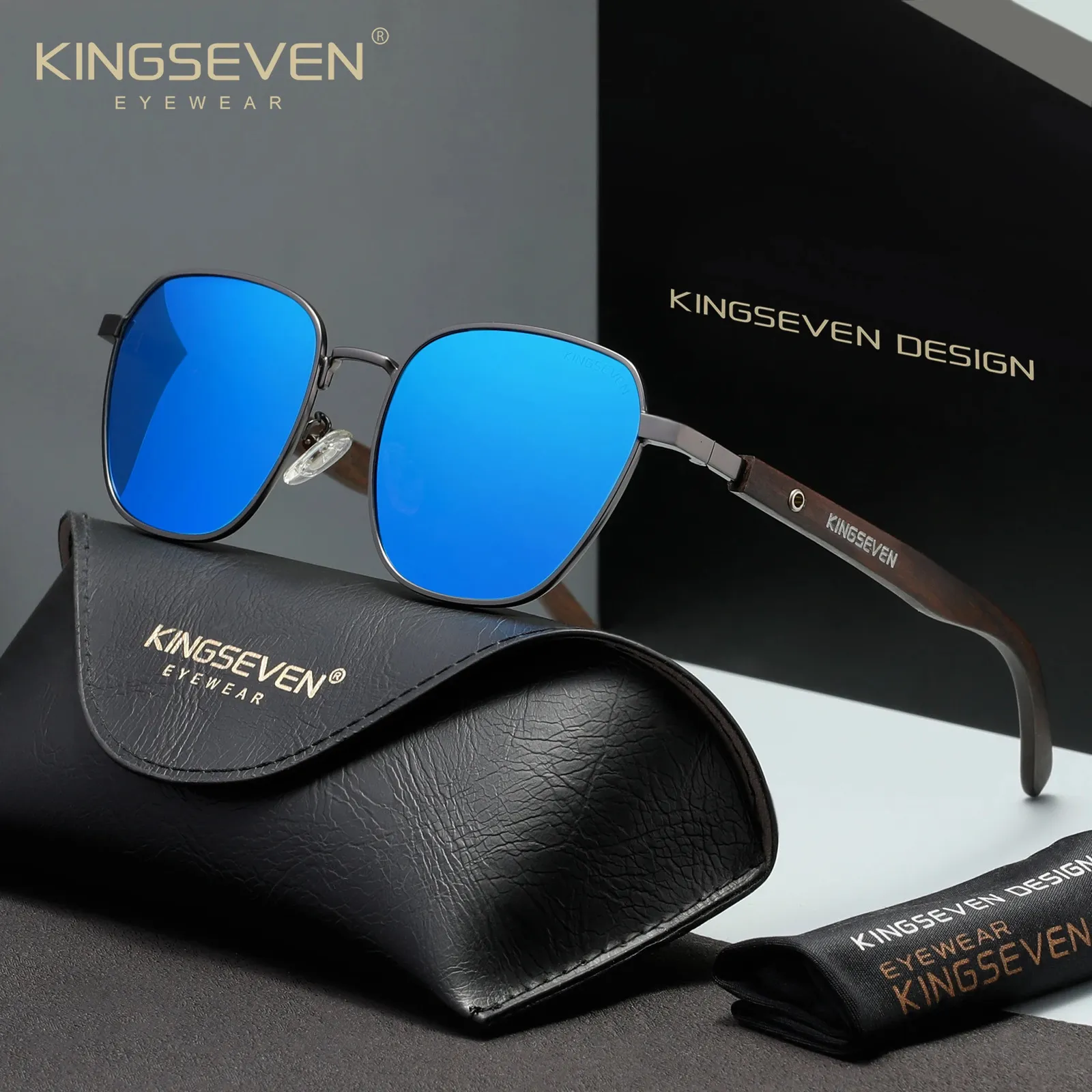 KINGSEVEN Natural Wood Blue Mirrored Rimless Polarized Sunglasses KINGSEVEN® N7501 Narrow Rectangle Sunglasses - Polarized  main image 3