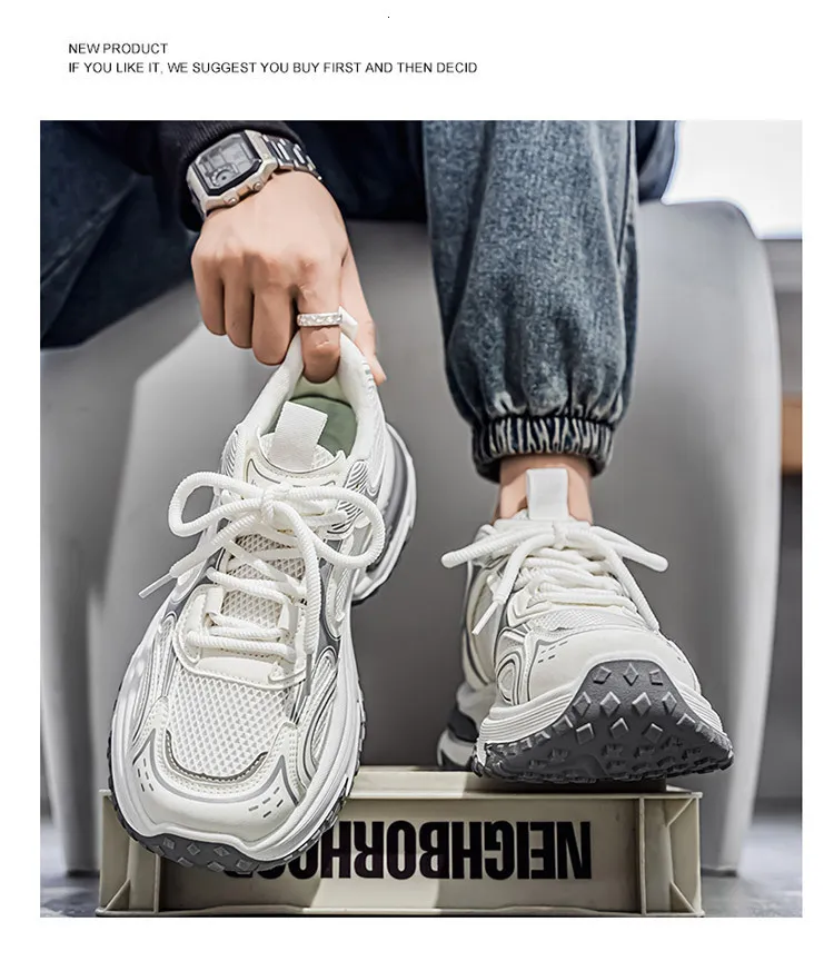 Men's White Grey Chunky Dad Sneakers Breathable Mesh Walking Shoe_voghion.com