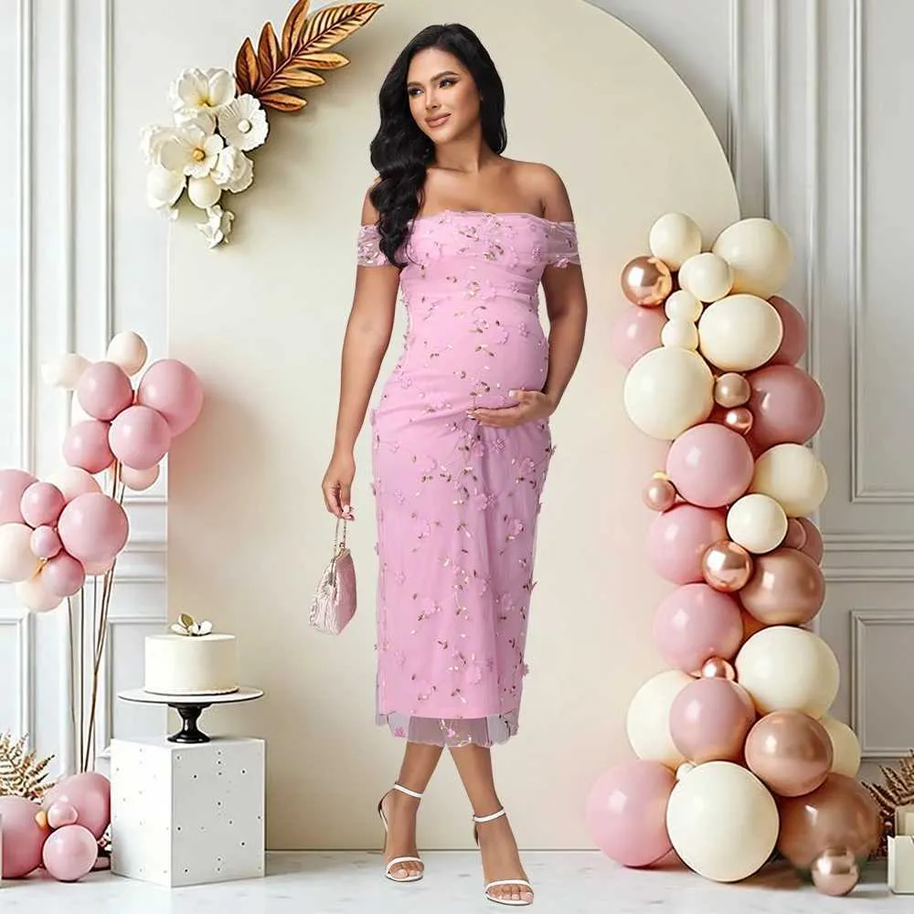 women's light pink off the shoulder dress for pregnancy Maternity Dresses Baby Shower, Photoshoot Maxi Gown for Women, Bunmp-Friendly Wedding Guest Outfit, Cocktail at Amazon Clothing store Off the shoulder baby shower