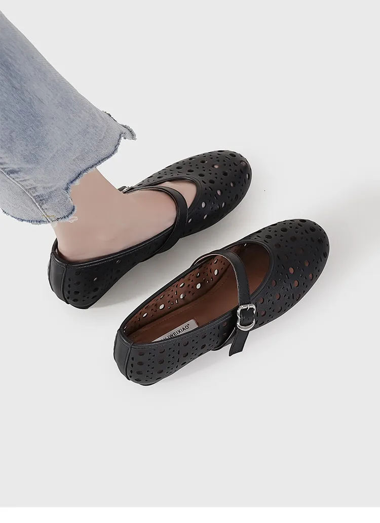 Womens Black White Blue Cut Out Mary Jane Flats Breathable For Summer Casual Daily Wear Daily Outfit_vogvips.com