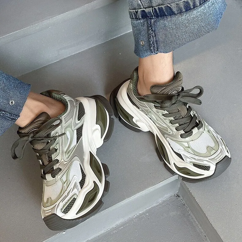 Beige White Chunky Dad Sneakers Breathable Mesh Walking Shoes_voghion.com