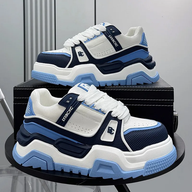 Men Black White Chunky Platform Sneakers Mesh Leather Upper For Street Style Daily Walking_voghion.com