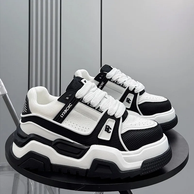 Men Black White Chunky Platform Sneakers For Fitness Training_voghion.com