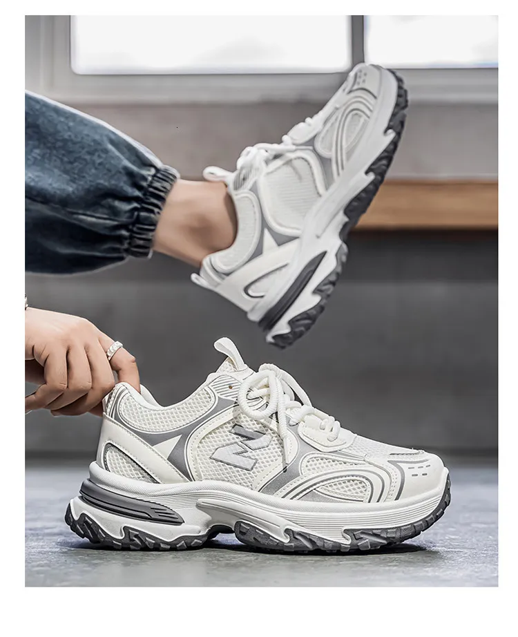Men's White Grey Chunky Dad Sneakers Breathable Mesh Walking Shoe_voghion.com