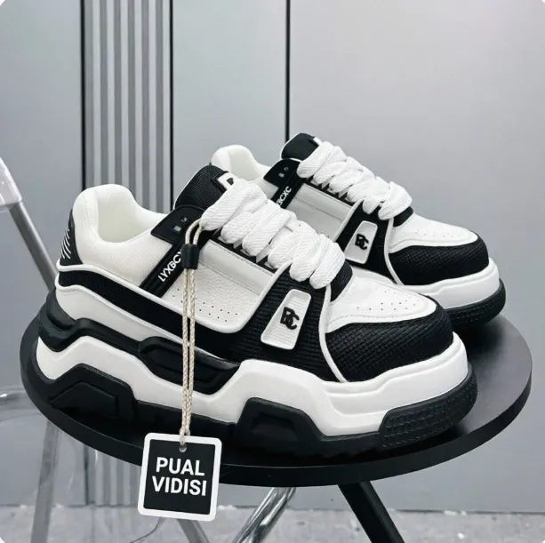 Men Black White Chunky Platform Sneakers Mesh Leather Upper For Street Style Daily Walking_voghion.com