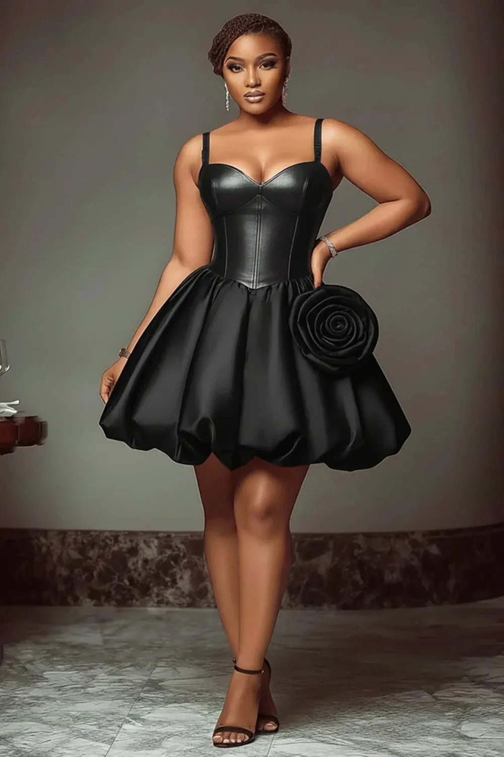 Black Ball Gown Short Party Dress with 3D Big Flowers, Ruffles, Spaghetti Straps, Knee-Length Cocktail Dress for Women