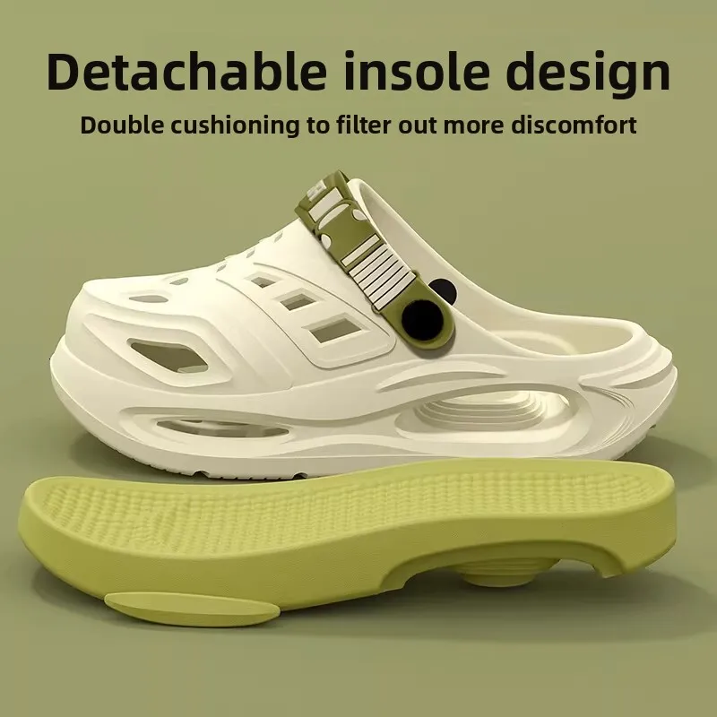 Men Beige Green Chunky Clogs Adjustable Back Strap Non Slip For Beach Garden Wear_voghion.com