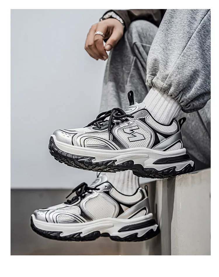 Men's White Grey Chunky Dad Sneakers Breathable Mesh Walking Shoe_voghion.com