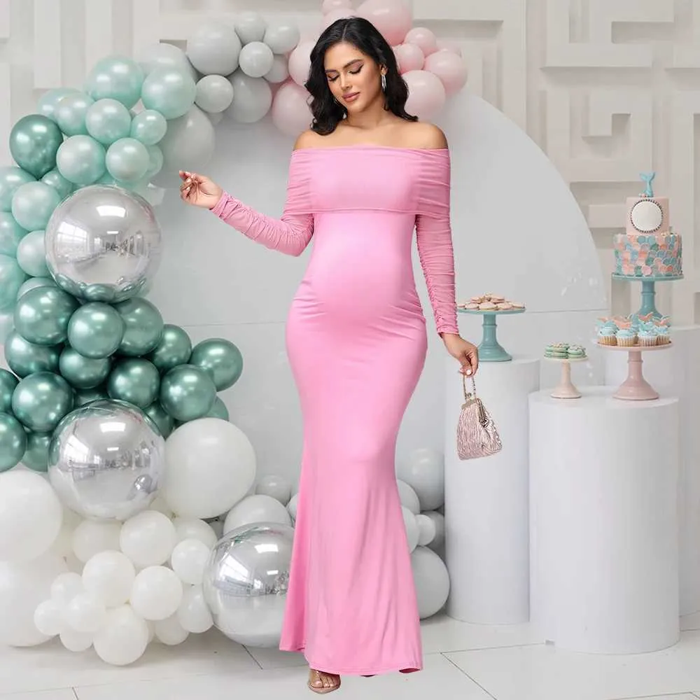 women's light pink off the shoulder dress for pregnant Amaryllis shoulder neckline Maternity Mesh Off Shoulder Bodycon