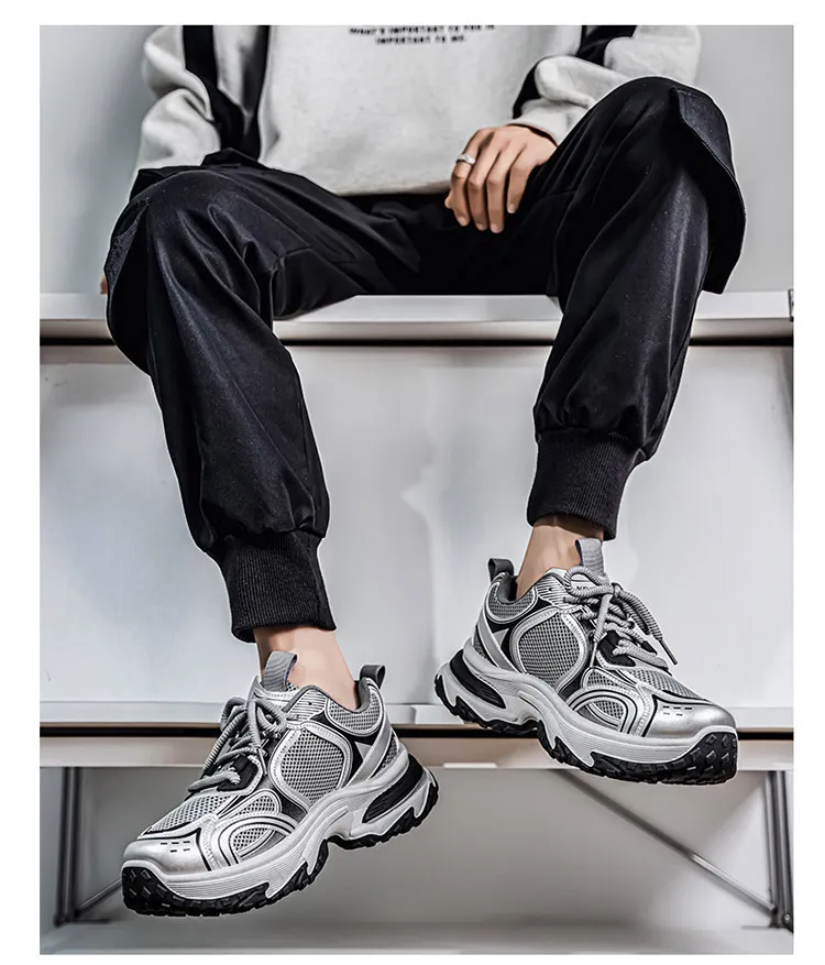 Men's White Grey Chunky Dad Sneakers Breathable Mesh Walking Shoe_voghion.com