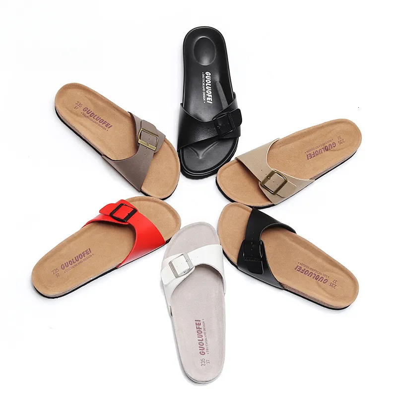 Womens Multi Color Adjustable Buckle Slide Sandals Soft Cork Footbed For Summer Daily Wear_voghion.com