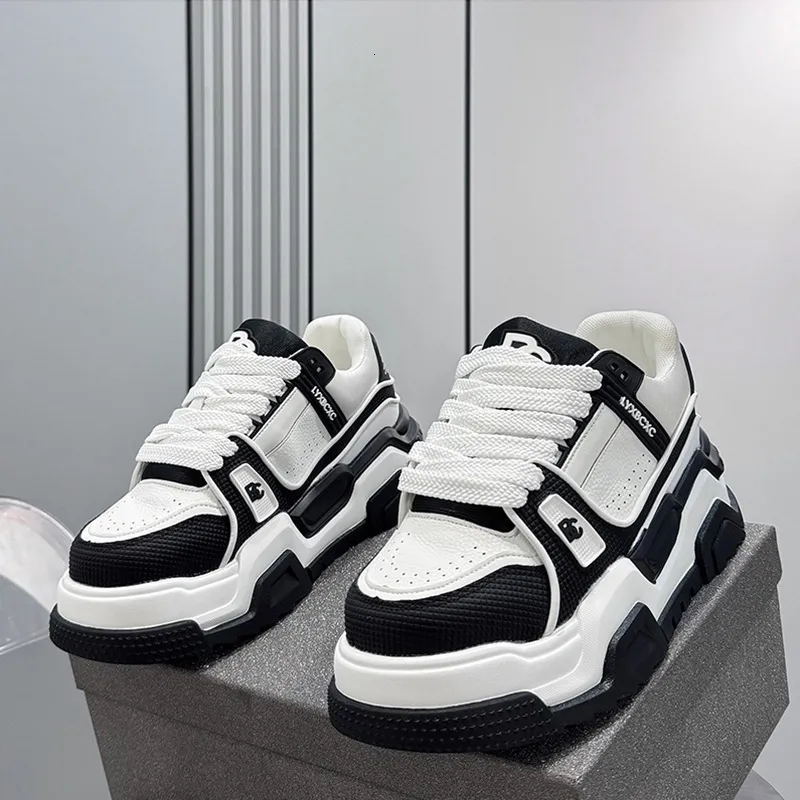 Men Black White Chunky Platform Sneakers For Fitness Training_voghion.com