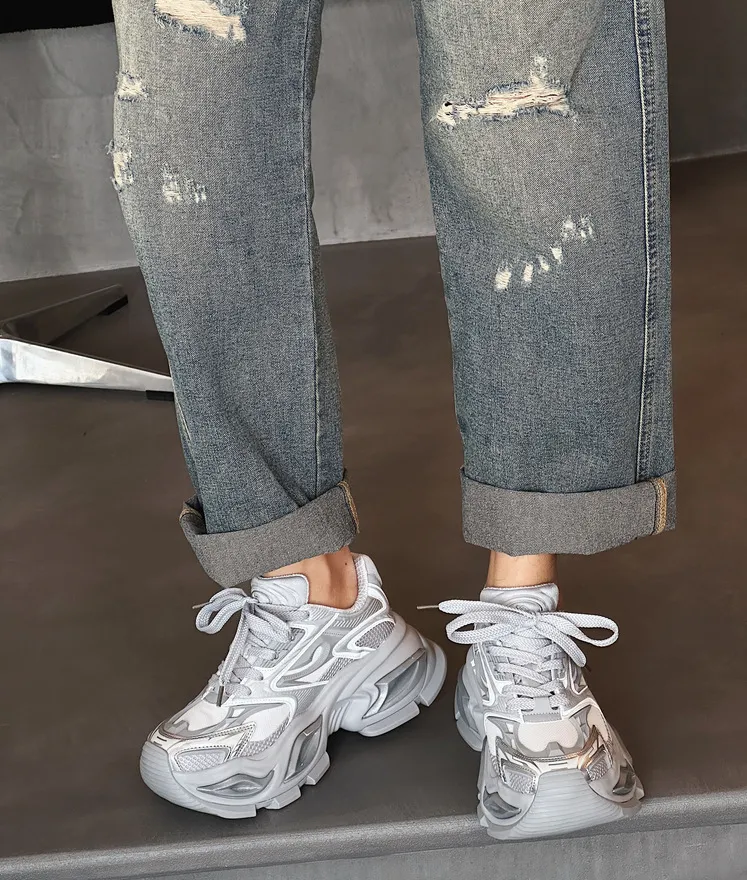 Beige White Chunky Dad Sneakers Breathable Mesh Walking Shoes_voghion.com