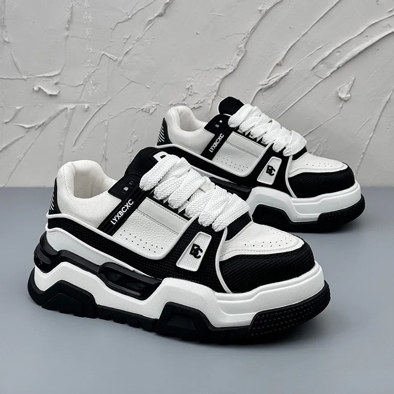 Men Black White Chunky Platform Sneakers For Fitness Training_voghion.com