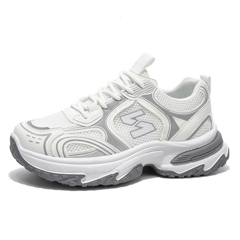 Mens White Grey Chunky Dad Sneakers Breathable Mesh Upper For Street Style Daily Walking Daily Outfit_voghion.com