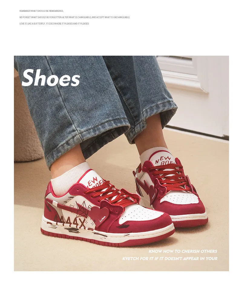Unisex Red White Heart Graffiti Skate Sneakers Leather Upper For Street Style Daily Walking_vogvips.com