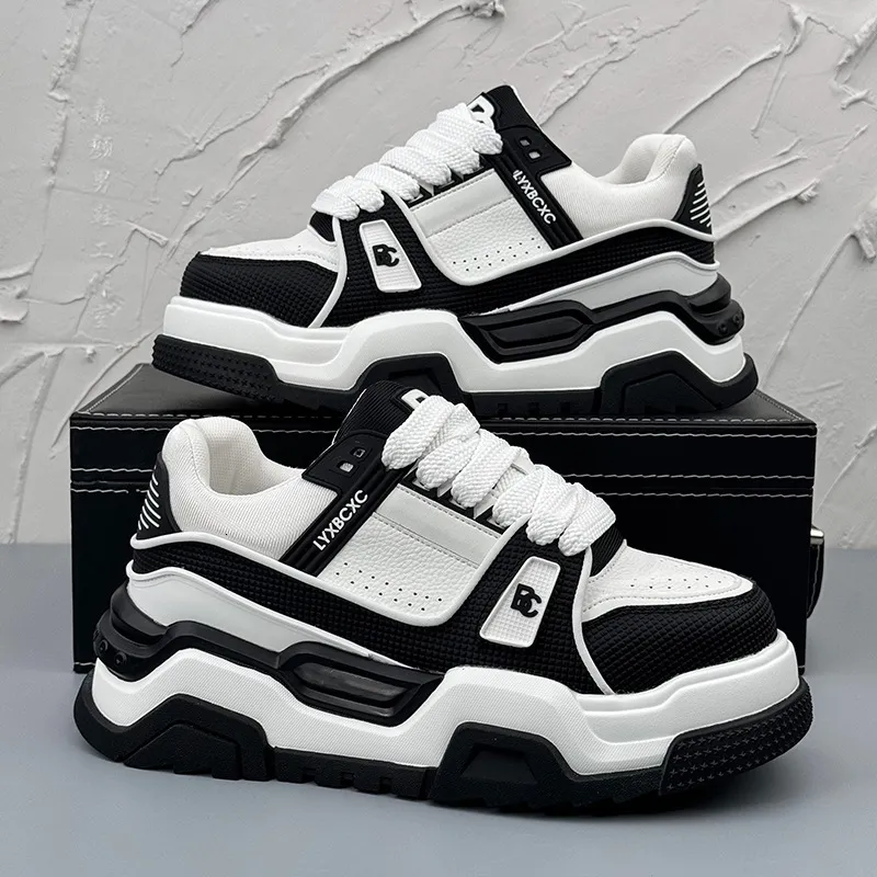 Men Black White Chunky Platform Sneakers For Fitness Training_voghion.com